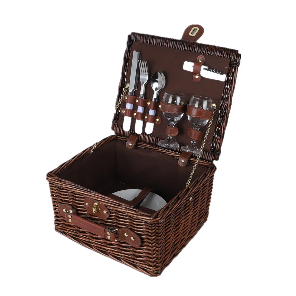 Handmade Camping Hiking White Honey Brown Wicker Willow Hamper With Blanket Picnic Basket For 2