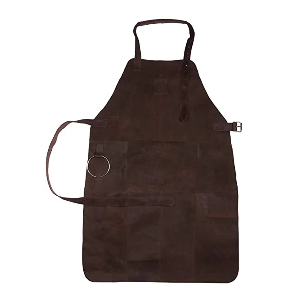 Adjustable Leather Aprons with Pockets in Genuine leather yellow color with Custom Logo low MOQ Apron for Workshop & Restaurant