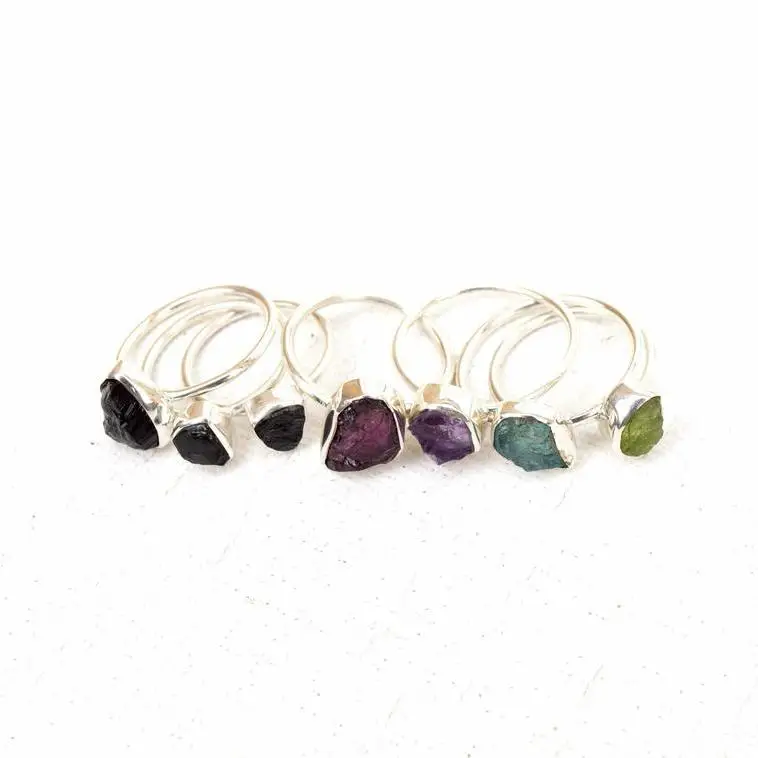 Raw Birthstone Rough Ring at Factory Price Onyx Amethyst Apatite Peridot Garnet Silver Rings from Manufacturer Online Regular