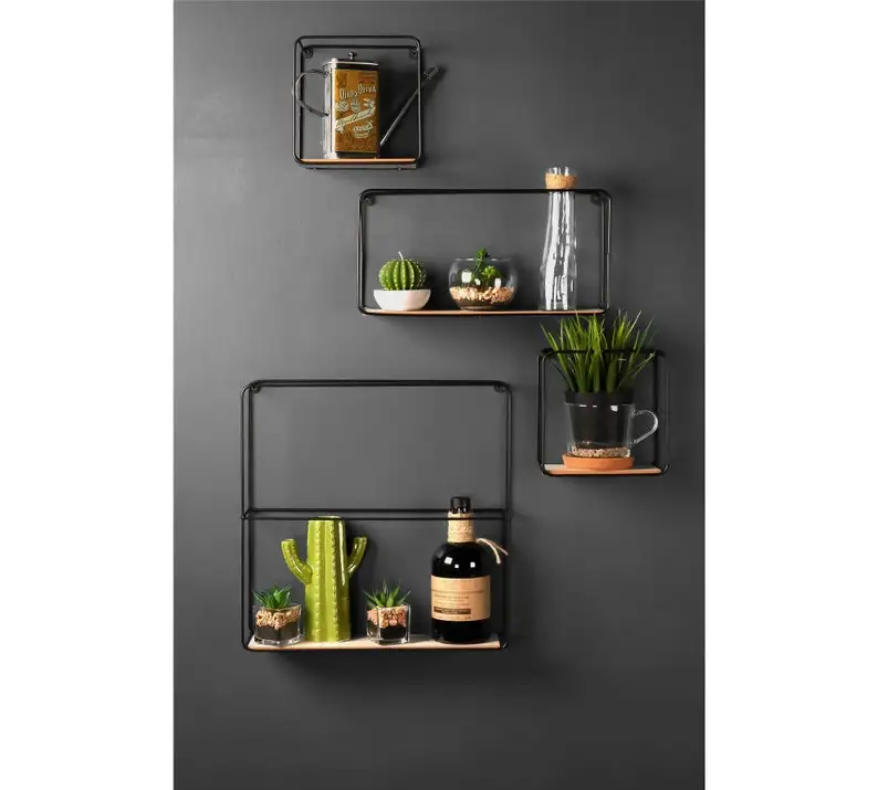 Latest Design Square Black Wall Shelf Wooden Plank Iron all Sizes Living Room Storage Objects Home Decor Wholesale Price India