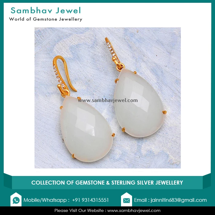 925 Sterling Silver Brilliant Natural White Chalcedony Gemstones Stud Unique Earrings Handmade Vintage For Woman At Wholesale