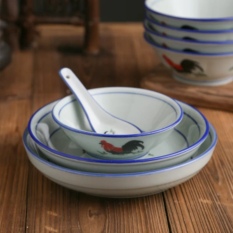 Jade-cer Vintage Hand-painted Cock Design Ceramic Dinnerware Set Porcelain Bowls Dishes & Plates