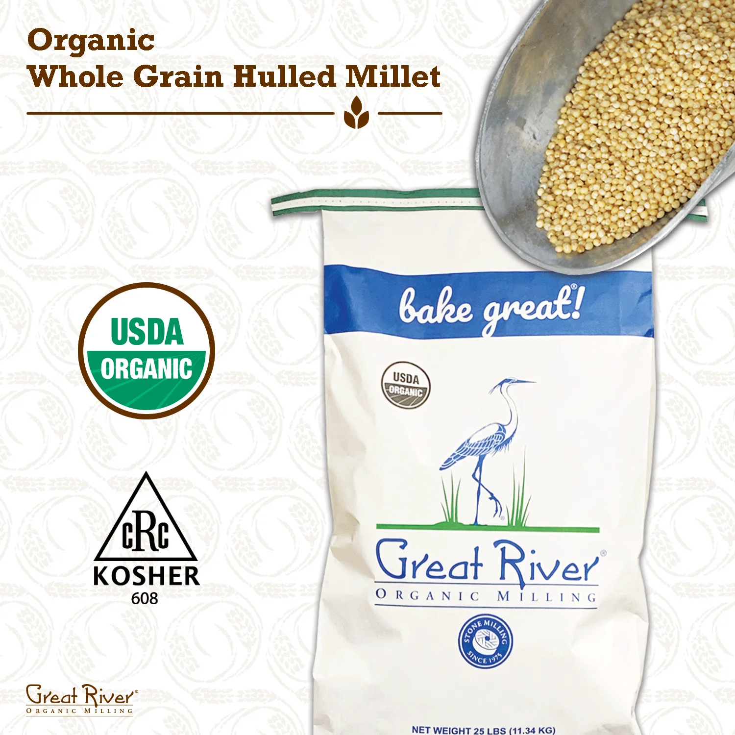 GREAT RIVER ORGANIC MILLING - Whole Grain, Hulled Millet, Organic, 25-Pounds (Pack of 1) Whole Wheat Flour