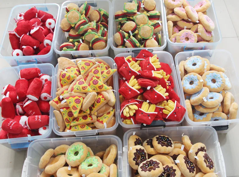 Dreamzoo luxury designer cupcake chicken leg bread durable dog plush squeaky chew toy potato chips set pet dog toys(old)