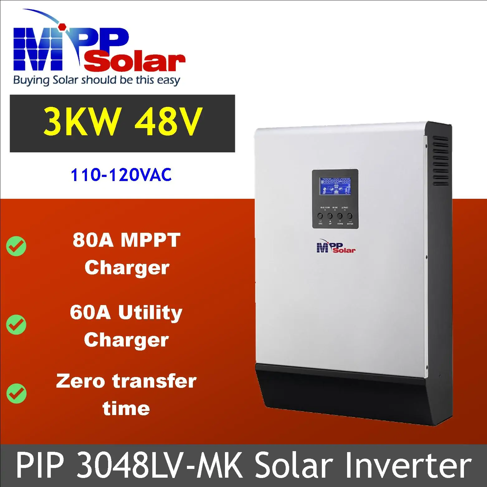 (3048LV-MK) mpp инвертор для солнечной батареи 110 В переменного тока 3 кВт 48 80 А mppt Солнечное зарядное устройство 60A утилитное с нулевым временем передачи