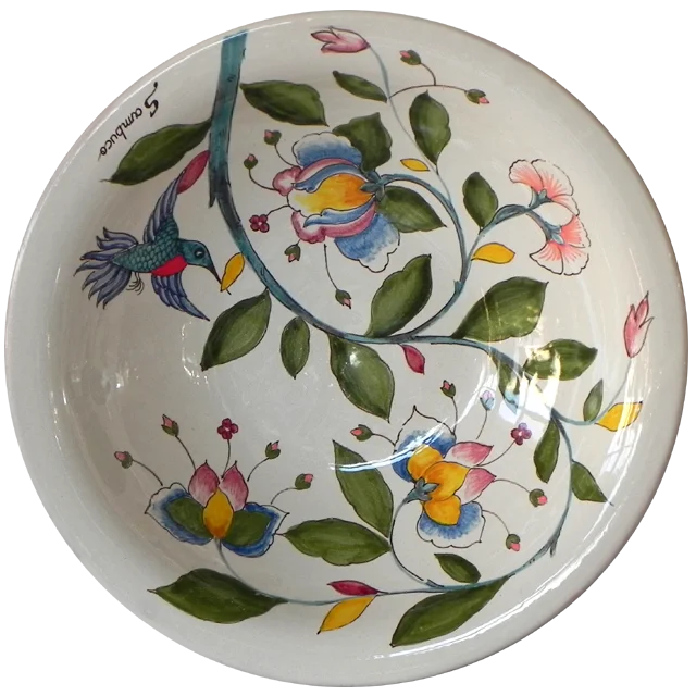 32CM / 12.6IN CERAMIC ROUND BOWL WITH BIRD AND FLOWER HANDMADE IN ITALY