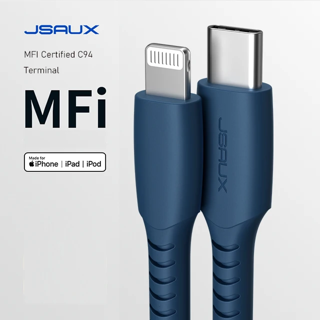 JSAUX 2021 New Blue TPE MFI USB C to Lightniing PD Fast Charging and Sync Cable for New iPhones