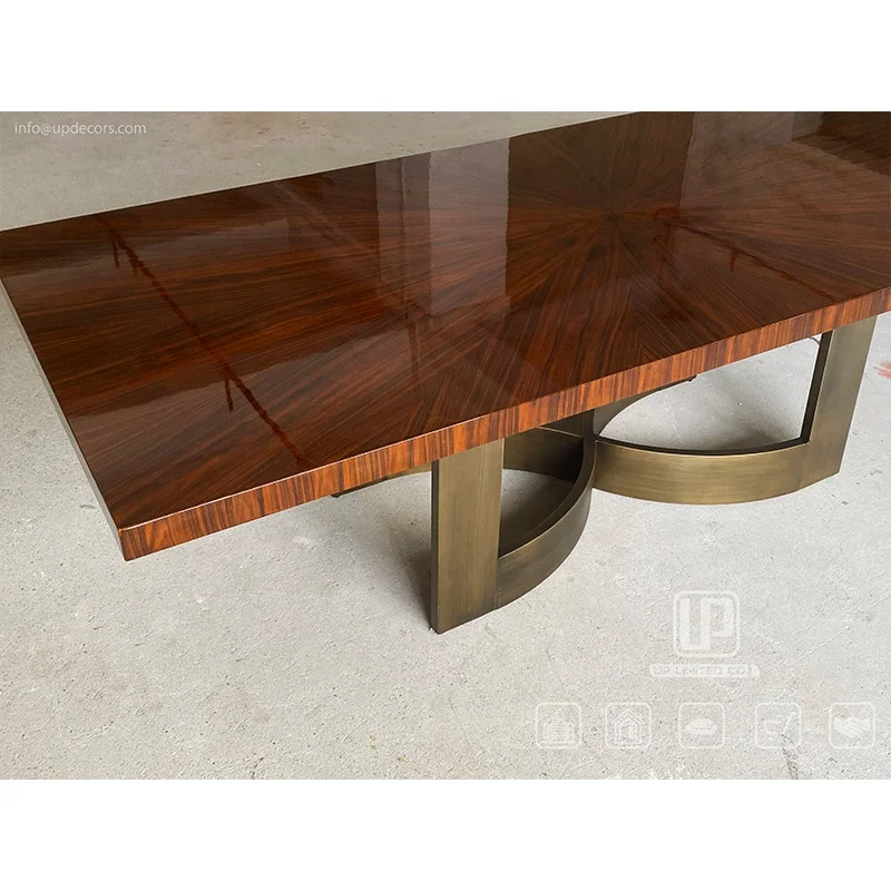 Exclusive Design Customized  Antique Dining Table  Stainless Steel Luxury Bronze Base Wooden Top Dining Tables