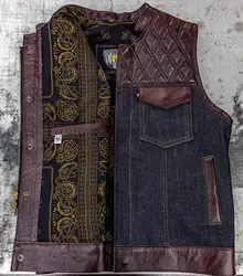 Mens Biker Style Denim Club Vest Side Lace Waistcoat With Real Leather Trim Motorcycle Vest for Men