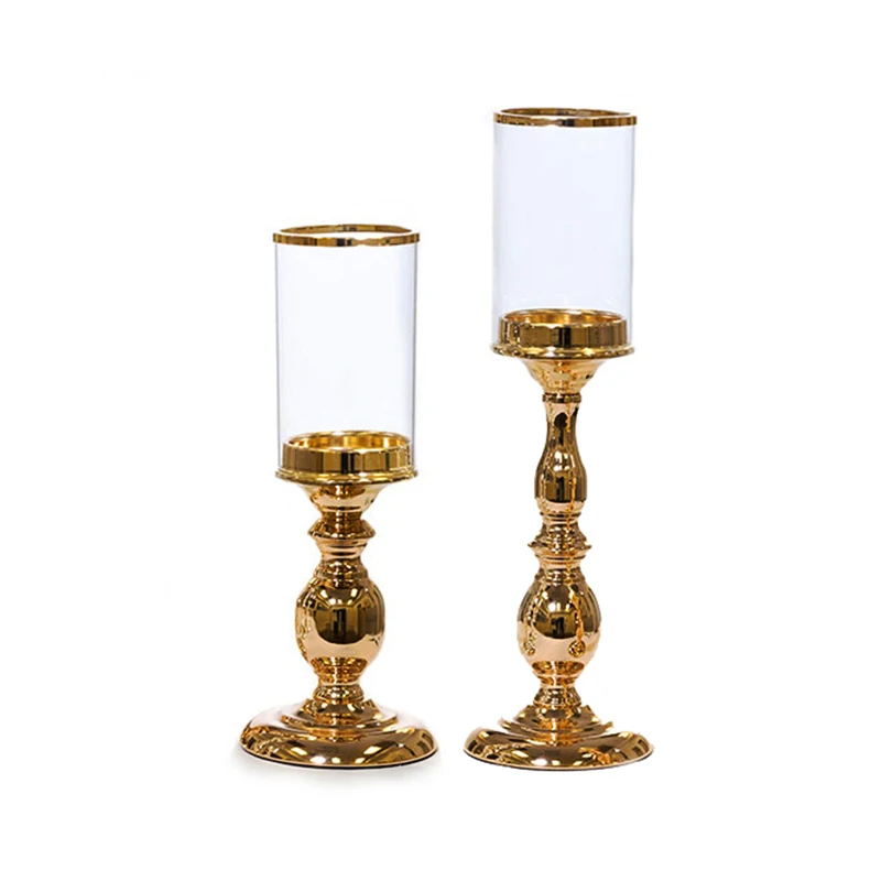 Luxury Pillar Gold Candle Stand Metal Hurricane Clear Glass Votive Candle Holder