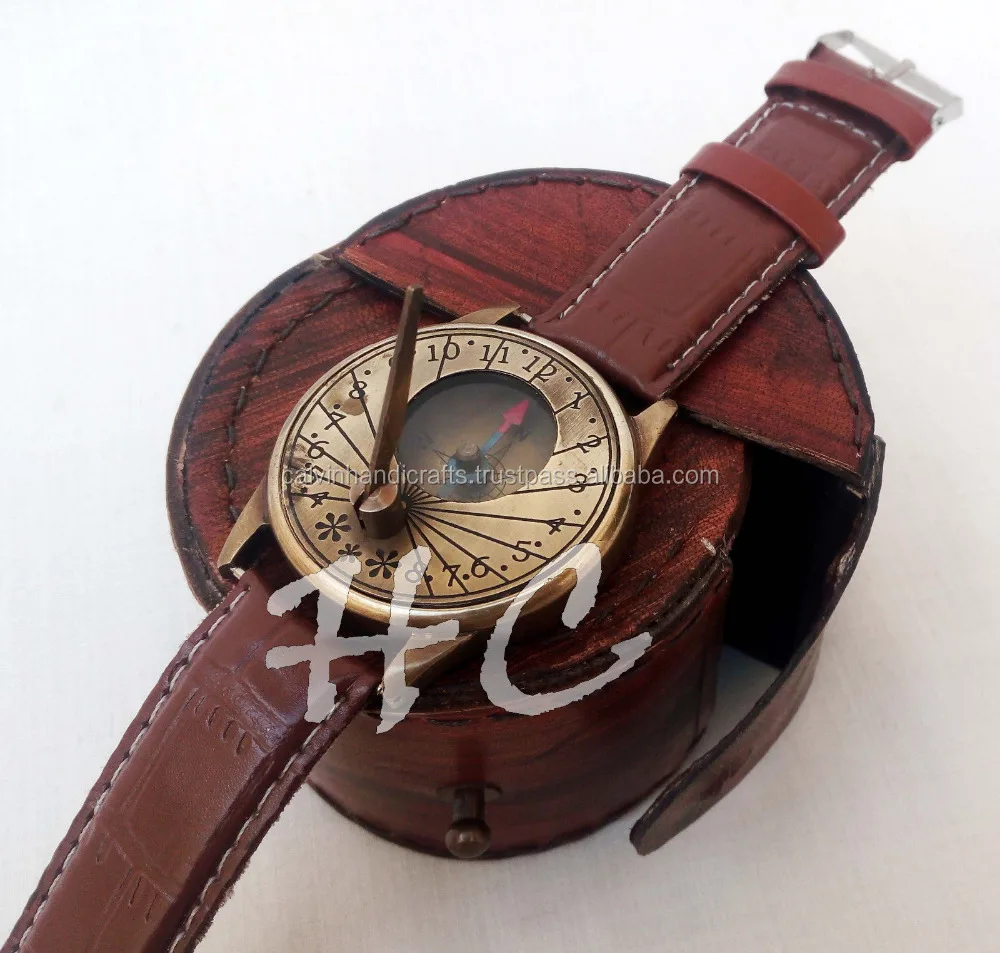 Calvin Handicraft Antique Nautical Sundial Compass Solid Brass Wrist Watch with Leather Case For Father Mother Brother CHCOM001