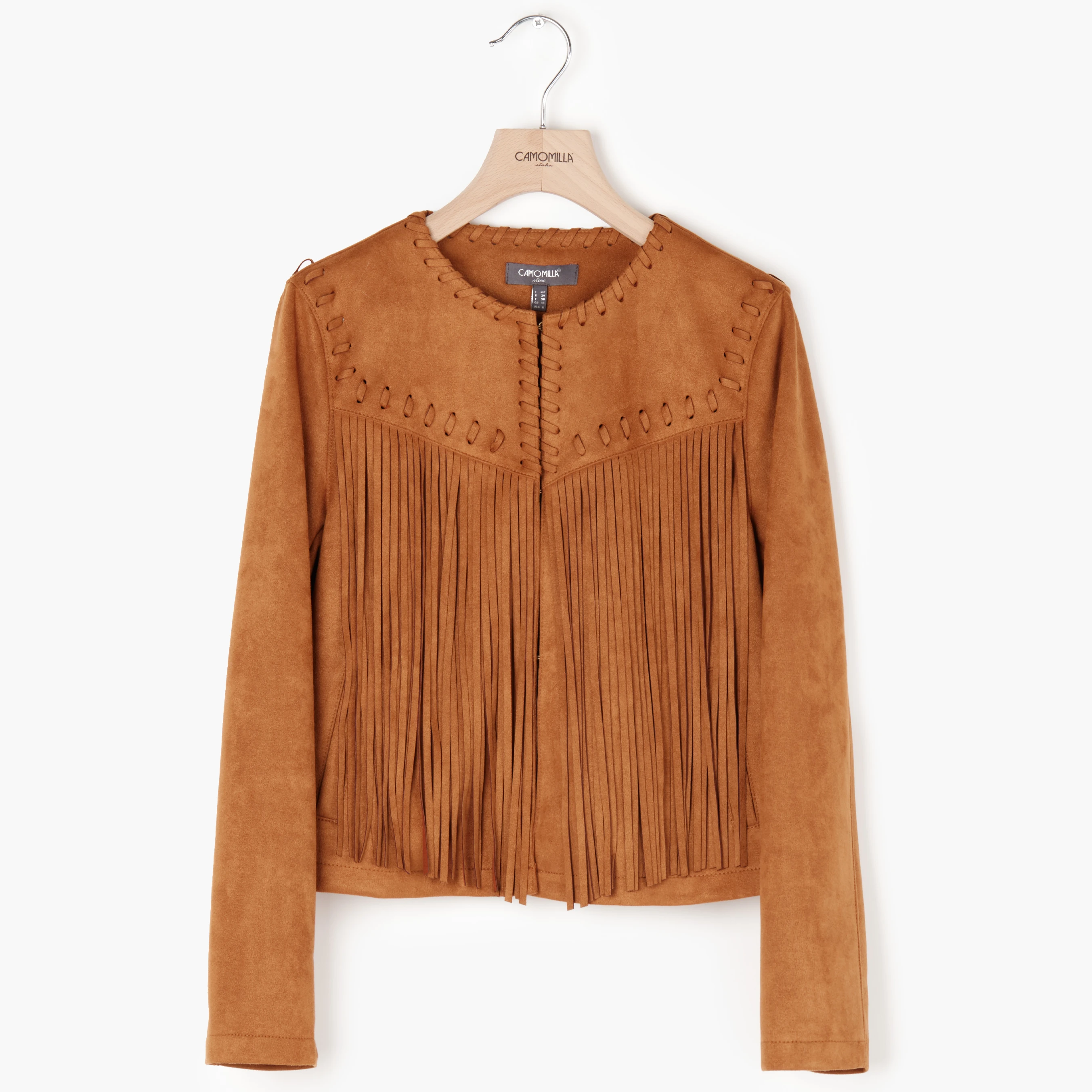 
Long-sleeved Jacket in Faux Suede Fabric with Fringes on Front and Back Body and Hooks on Front Part|Women Fashion 