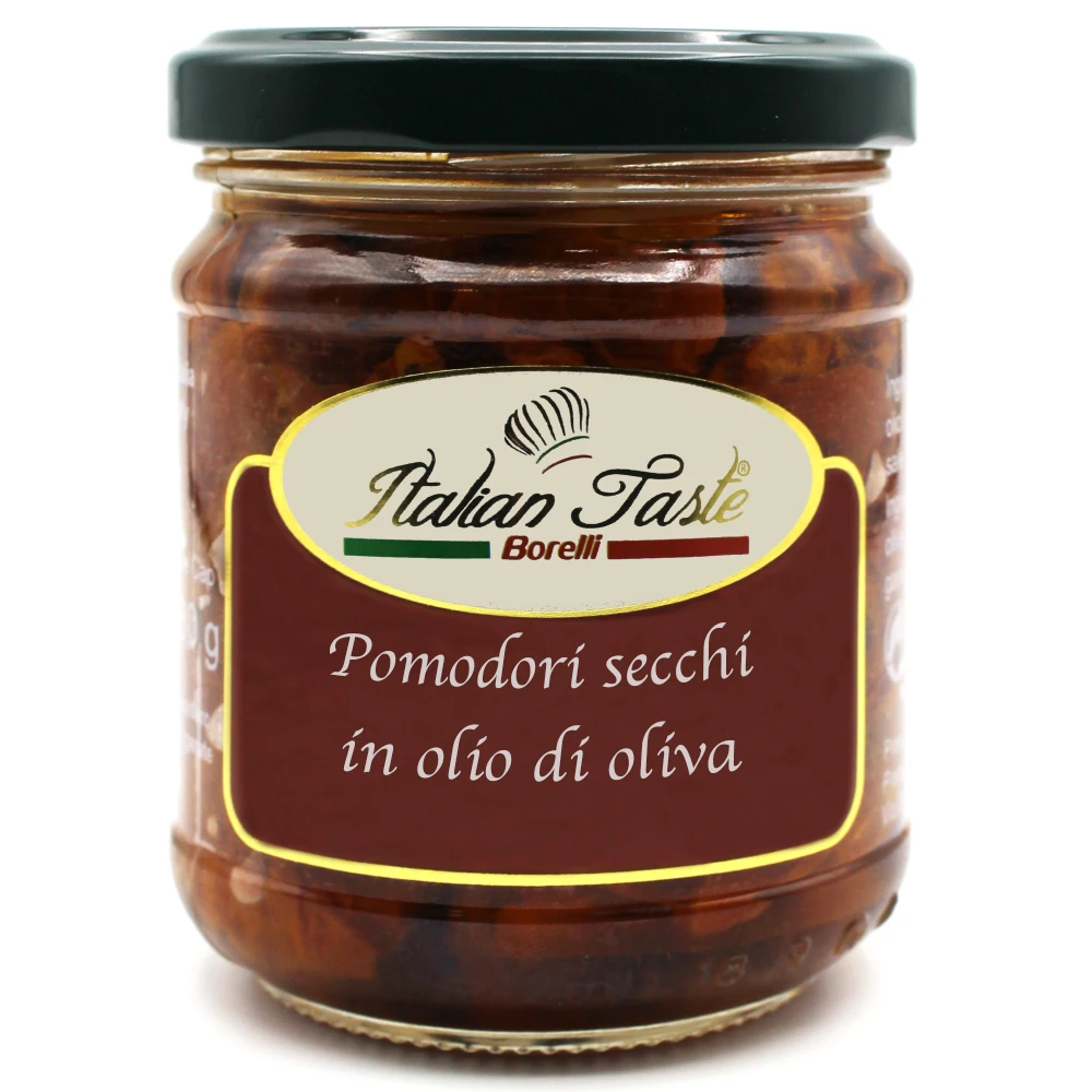
High quality Italian Dried tomatoes in olive oil glass jar 180 g Made in Italy for export 
