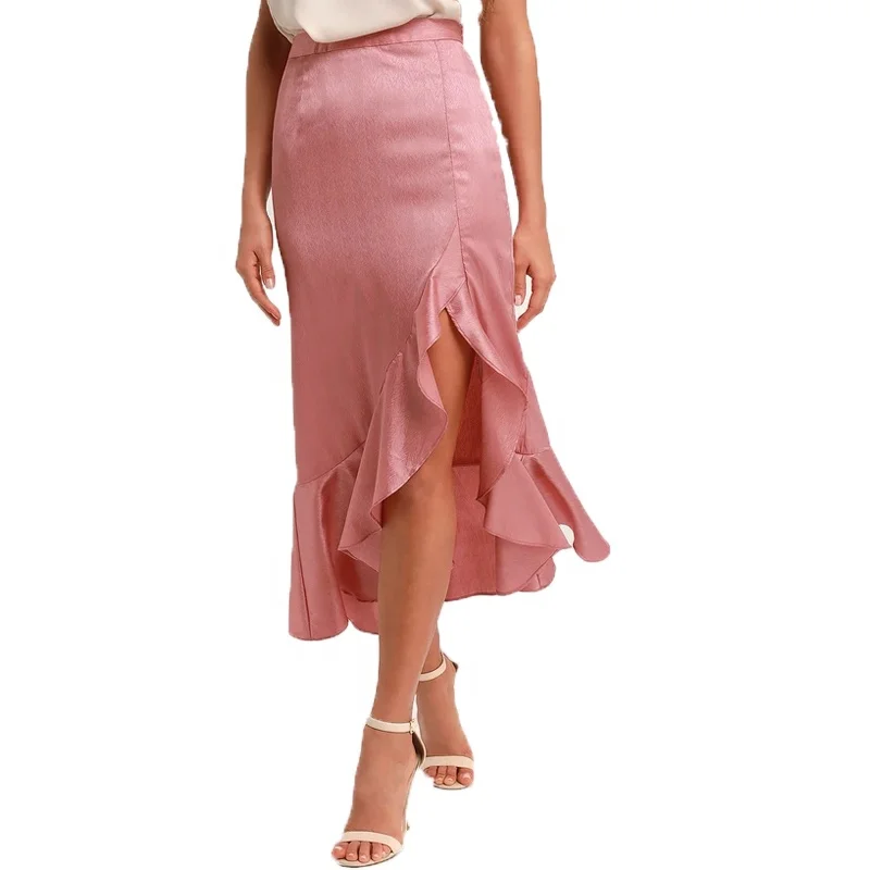 High waist ruffle satin midi skirt for women