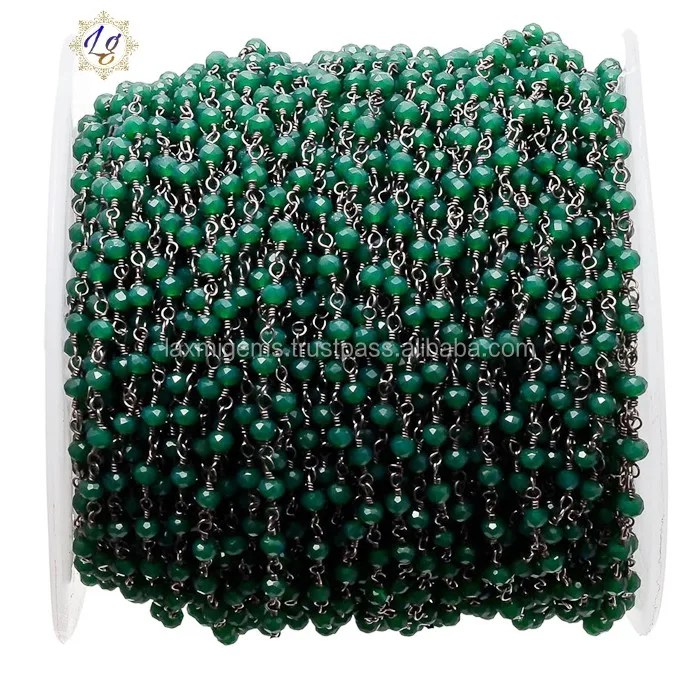 Green Onyx Gemstone 3 mm Rosary Beaded Chain 925 Sterling Silver Bulk Chain for Jewelry Making