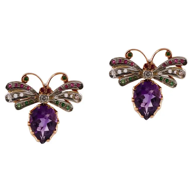 
Diamonds Rubies Tsavorite Amethysts 9 Karat Rose Gold and Silver Retro Earrings 