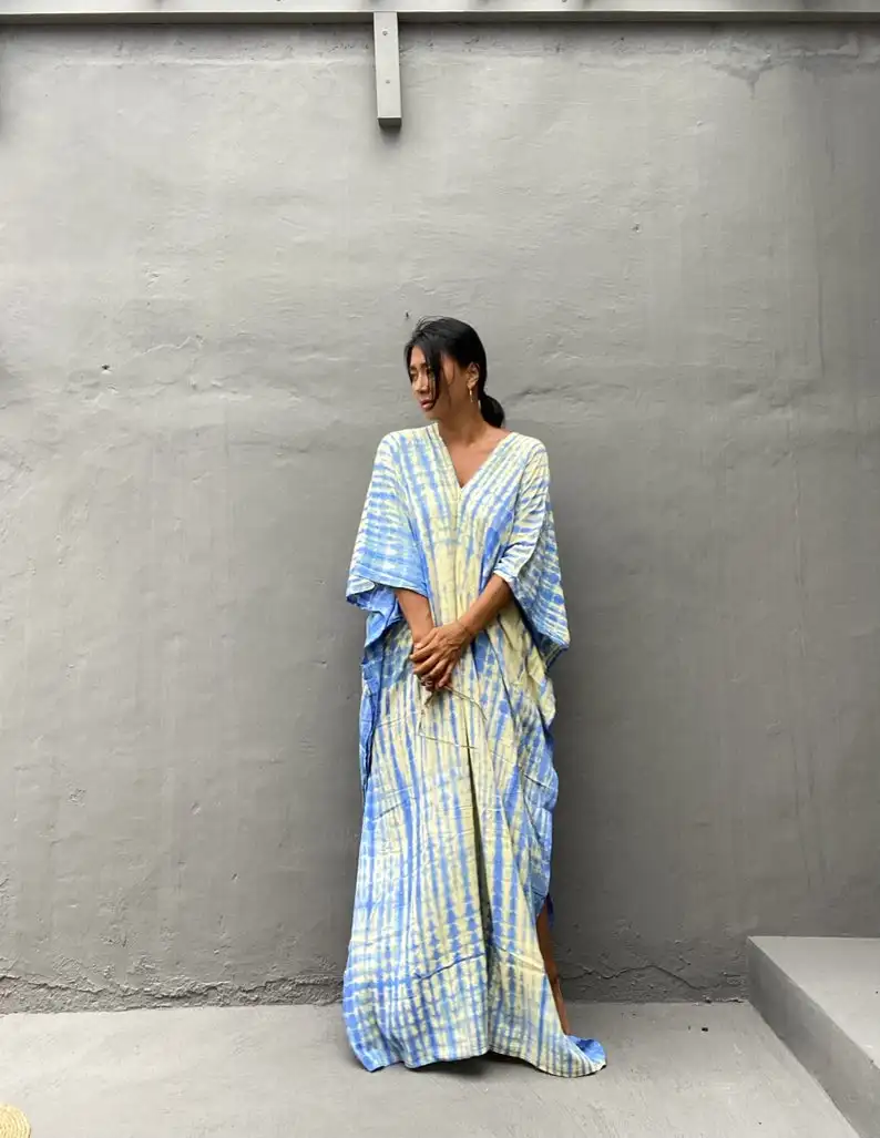2021 New Arrival Summer Women Clothing Kaftan Manufacturers India Long Sleeve V-neck Tie Dye Kaftan Beach Clothing kaftan dress