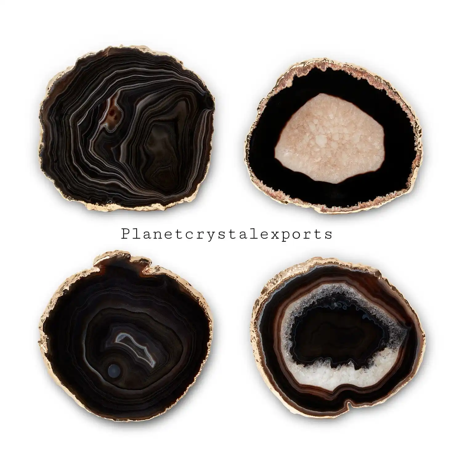 Agate Coaster/Wholesale Natural Black Agate Coaster With Gold & Silver Plated Rim Buy From Planet Crystal Exports