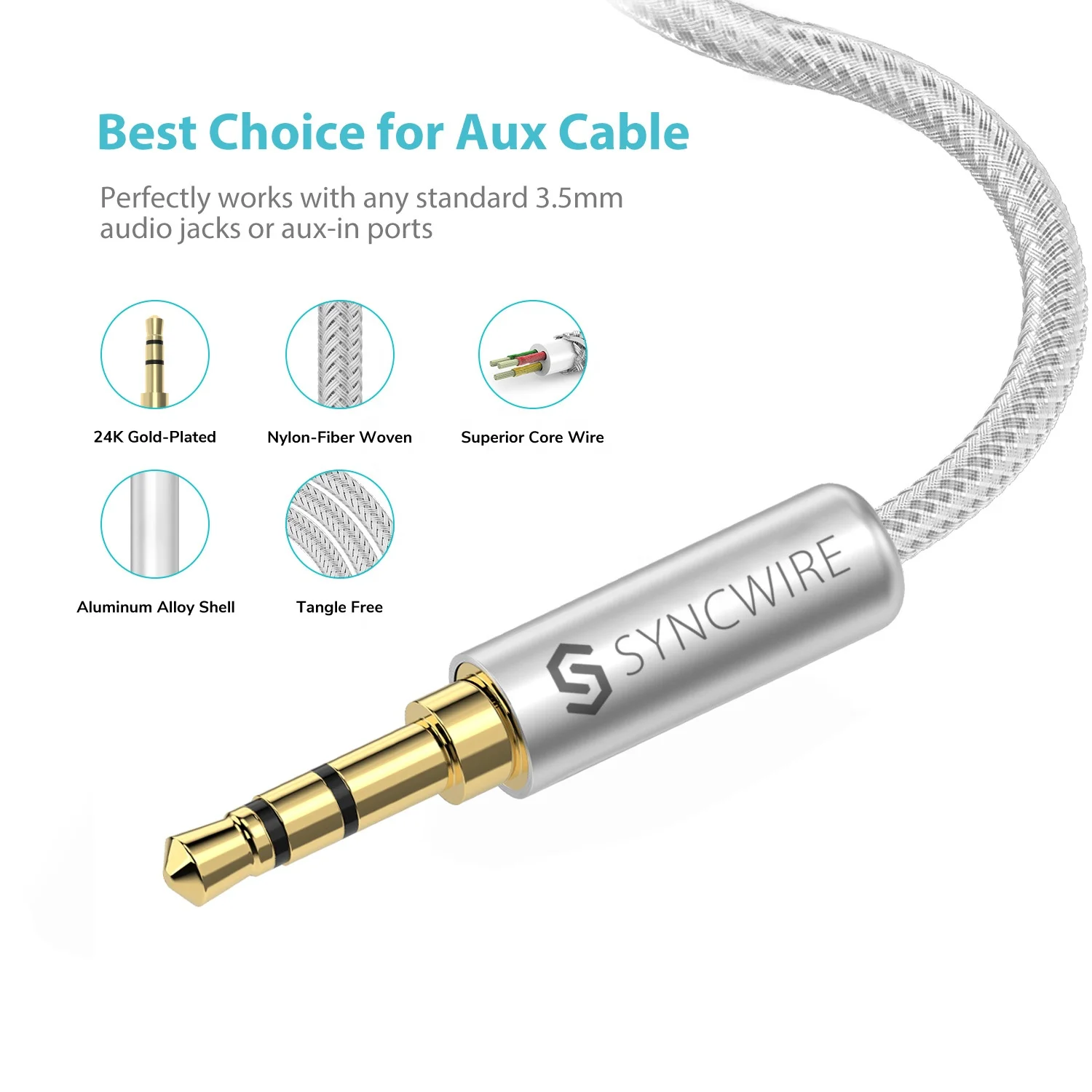 Syncwire 2m/6.5ft Silver 3.5mm Nylon Braided Aux Cable