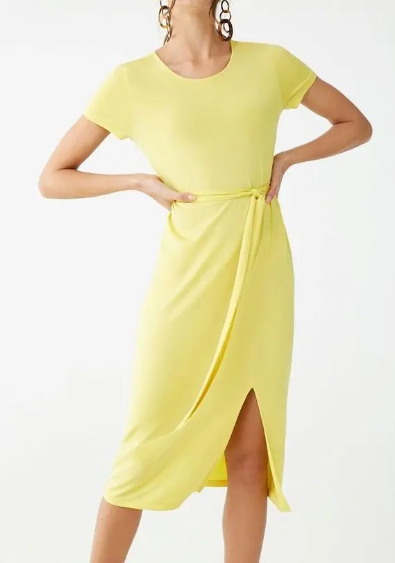 Ladies New Designs yellow  Summer Clothes Fashion Casual Women Made in India cap sleeve with belt  linen dresses