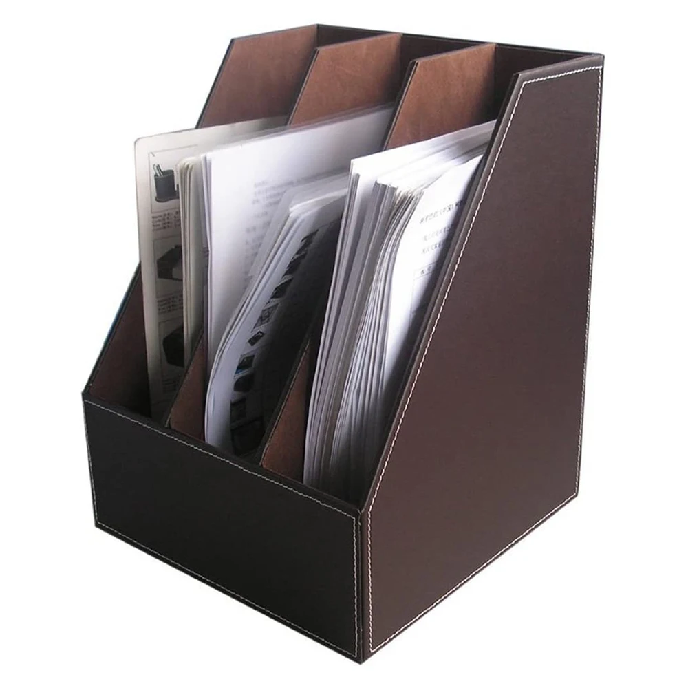 Office Magazine Holder Leather / Wood Office Desktop Original Brown Color Magazine Organizer