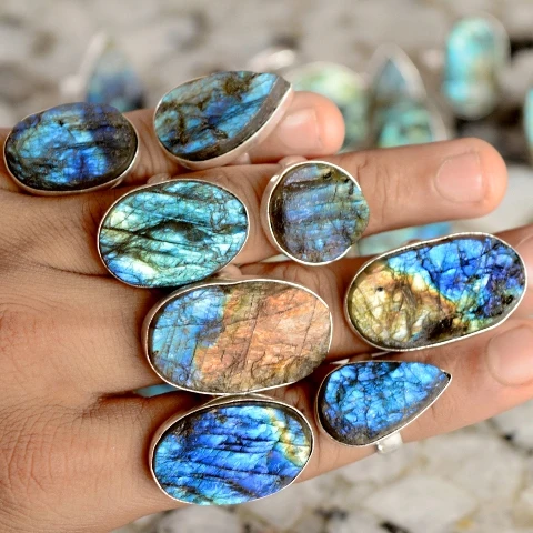 Natural labradorite druzy silver overlay rings crystal rings wholesale lion labradorite gemstone smart ring crystal healing