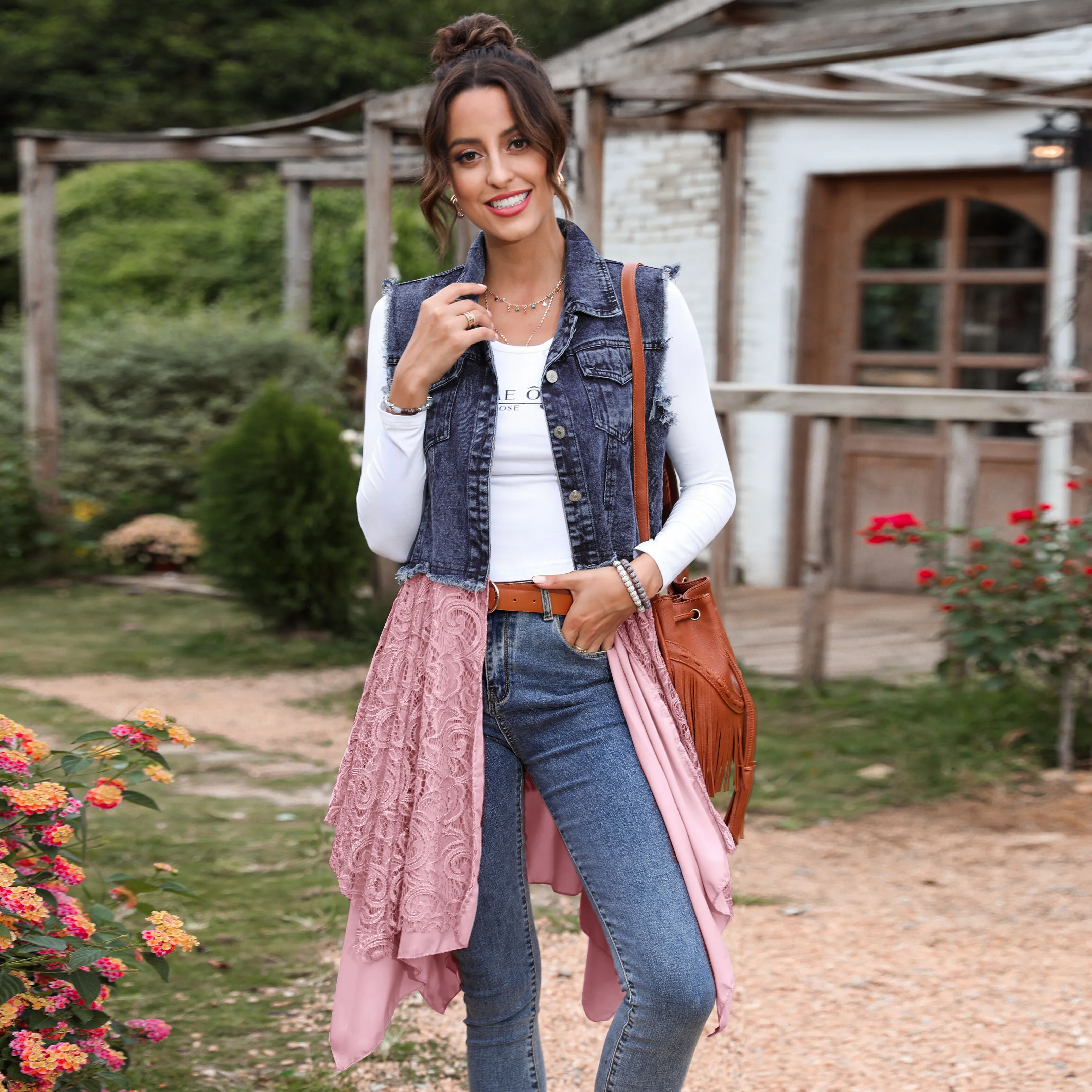 Denim &  Lace Handkerchief Button-Up Longline Vest