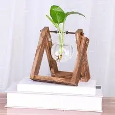 BULB VASE FLOWER Plant Terrarium with Wooden Stand, Air Planter Bulb Glass Vase Metal Swivel Holder Retro Tabletop