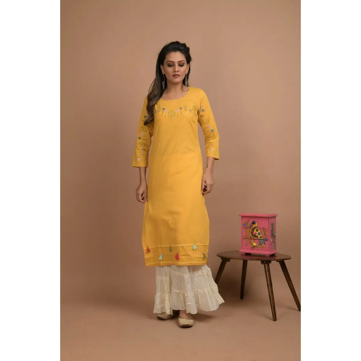  Дизайнерская одежда Индийский Стильный желтый костюм Kurta и