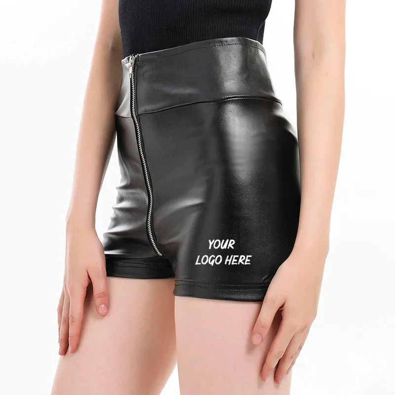 Шорты женские из экокожи с завышенной талией пикантные Клубные на молнии красные черные осень-зиму