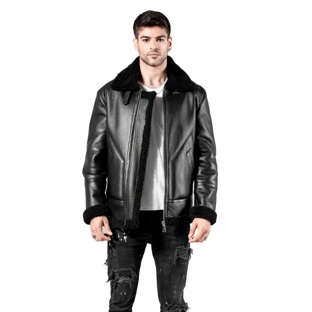 Мужская Черная дубленка из овчины мериноса с пушистым воротником