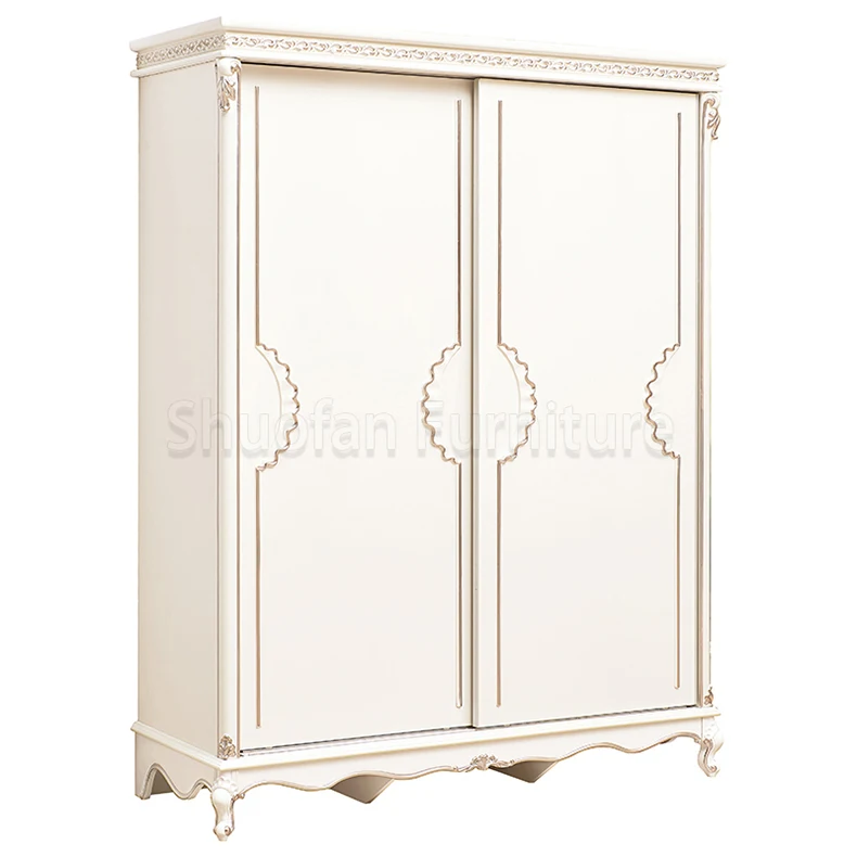 
Multi Optional Sizes Large Space Capacity White Royal Style 2 Slide Door 4 Door Wardrobe with Storage Drawers 