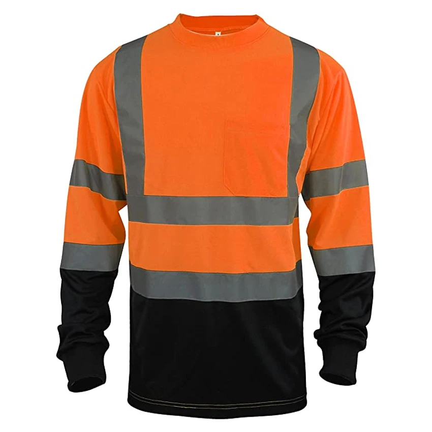 Long Sleeve Reflective Safety Front Pocket T-shirts Wholesale Hi Vis Lime Orange Men Casual 100% Polyester 100 Pieces Plain Dyed