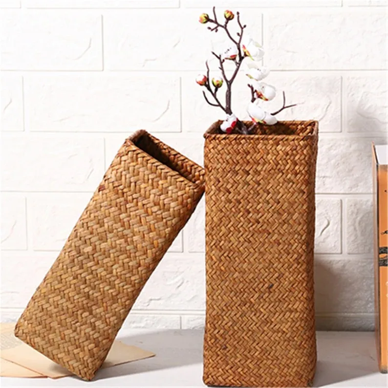 Natural Tall Rectangle Straw Seagrass Vase Open Weave Floor Flower Vase Table Vase Decorative Home Office Hotel from Vietnam FBA