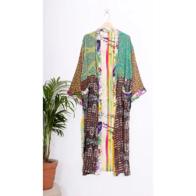 Beautiful Soft Silk Saree Night Dress Indian Silk Kimono Patchwork Kimono For Woman Bathrobe Beachwear Dressing Gown