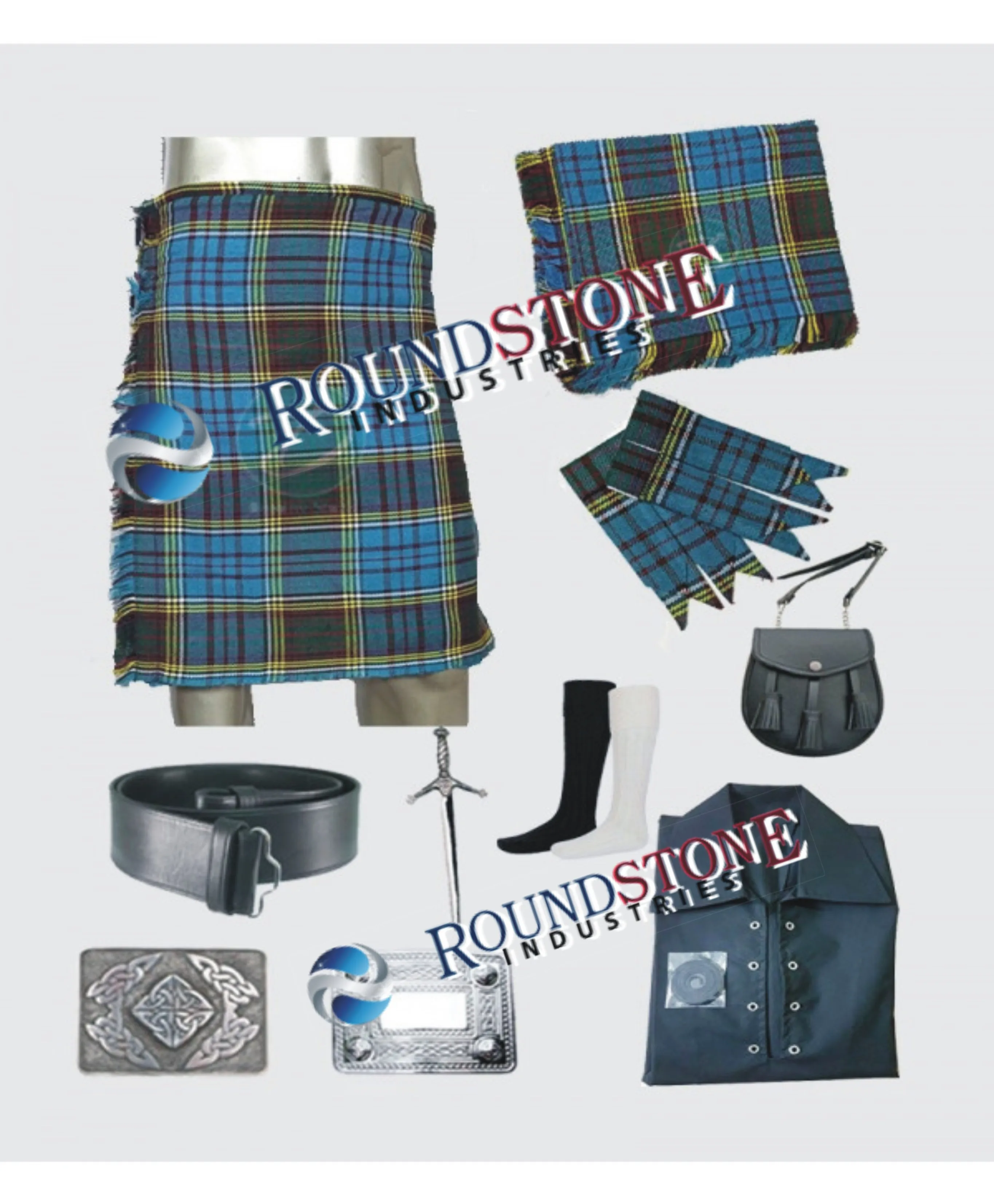 9 Pieces Clan Anderson Tartan Kilt Outfit+Sporran+Kilt Belt+Fly Plaid+Brooch+Flasher+Pins