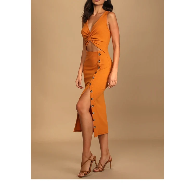 Orange Ribbed Twist-Front Cutout Midi  wide straps A V-neckline  Twist-Front Bodice  A Cutout  Waist Women Casual Dress