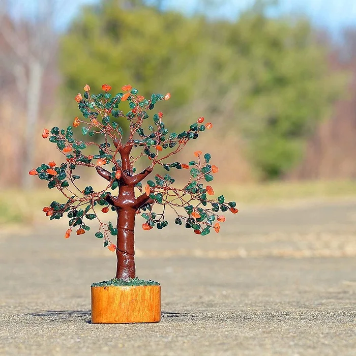 multi stone 300 chips gemstone trees with wooden base for home decoration | crystal healing trees | green jade & carnelian  tree