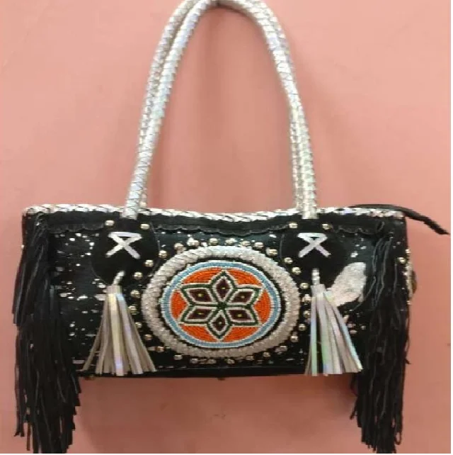 Ethnic Boho Fashionable Style Beaded With Fringe Black Color Women Shoulder Genuine Leather Bag