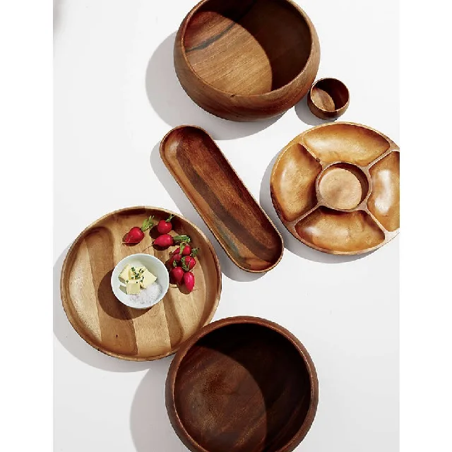 Hot Selling High Quality Handcrafted Customized Acacia Wood Oval Tray for Breakfast Dessert Snacks Serving Tray for sale