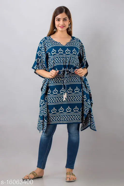 Woke Up Feeling Like A Diva In Navy Blue Hand Block Printed Bandhej Tie-Up Waist Kaftan Crafted With Breathable Cotton Fabric