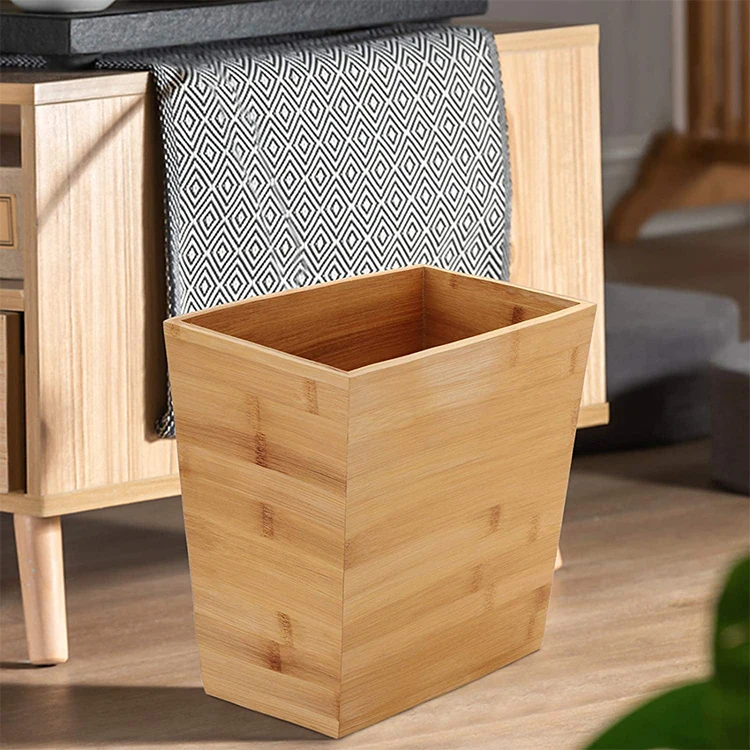Customized Office Household Bamboo Rectangular Waste Basket Sanitary Trash Can