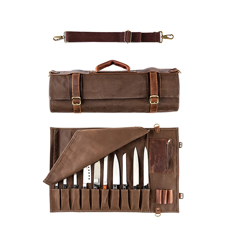 Leather Knife case Handmade Hunting Chef Bag Travel Rolling Cutting Kitchen Knife Bag