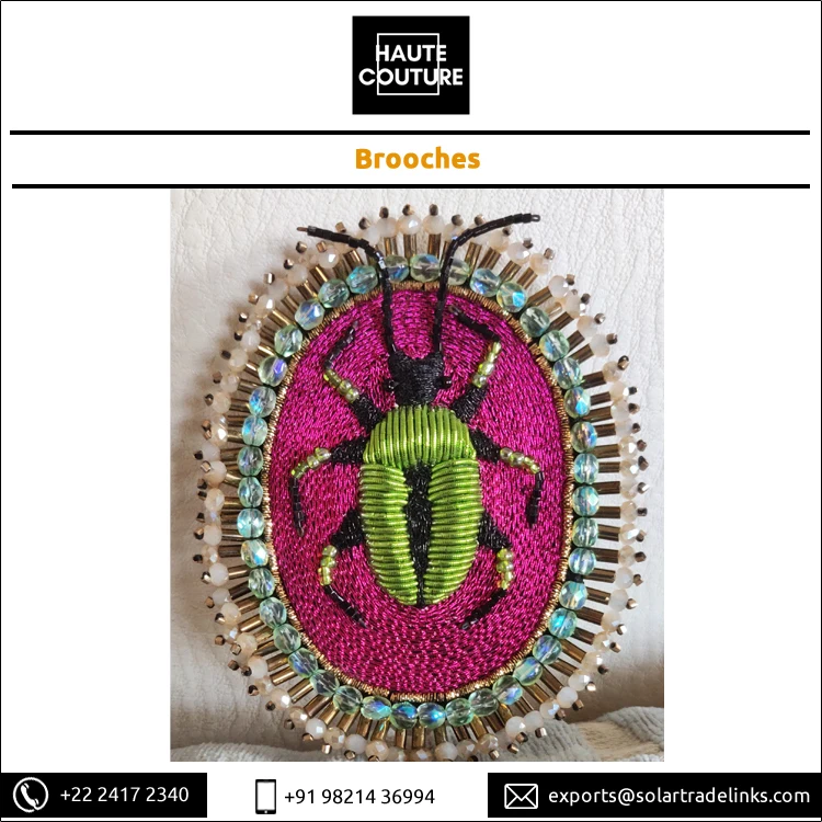 Oval Shape Handmade Fashion Jewelry Thread Embroidered Green Beetle Bug Brooch for Women