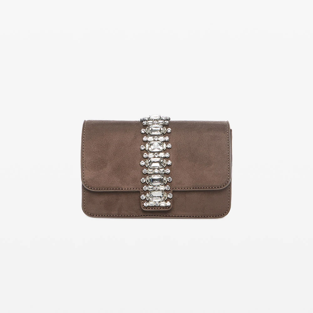 Shoulder Flap Bag in Faux Suede Fabric with Crystal Stones | Italian Style | Women Accessories