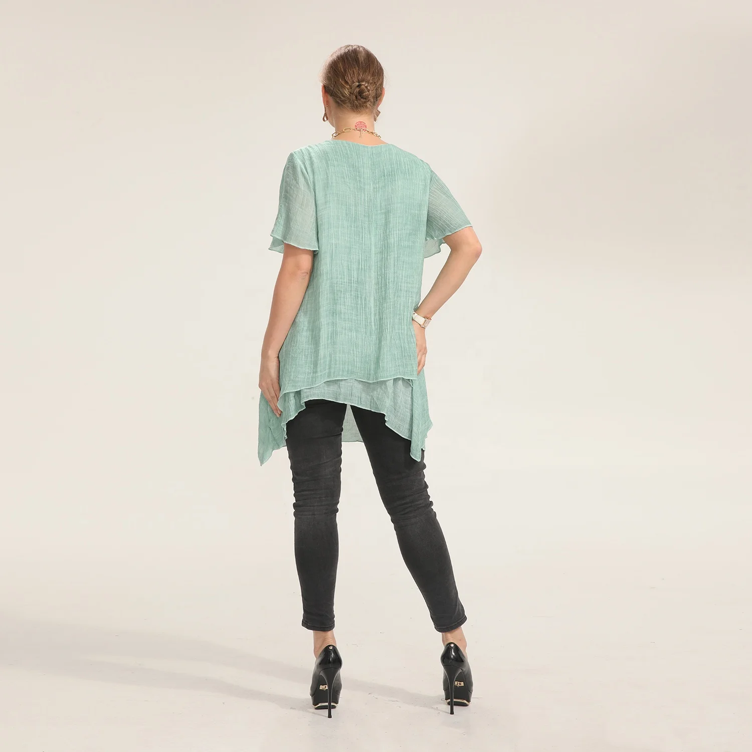 Simple Design Bow Tie Collar Yellow Color Half Sleeve Casual Dress Double Layers Wholesale Fashion Clothing