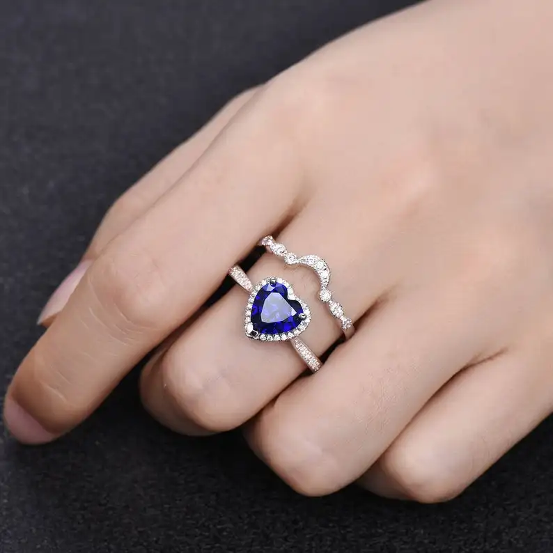 Blue Sapphire Heart Shaped Engagement Ring Gemstone Bridal Set 925 Sterling Silver September Birthstone Wedding Band