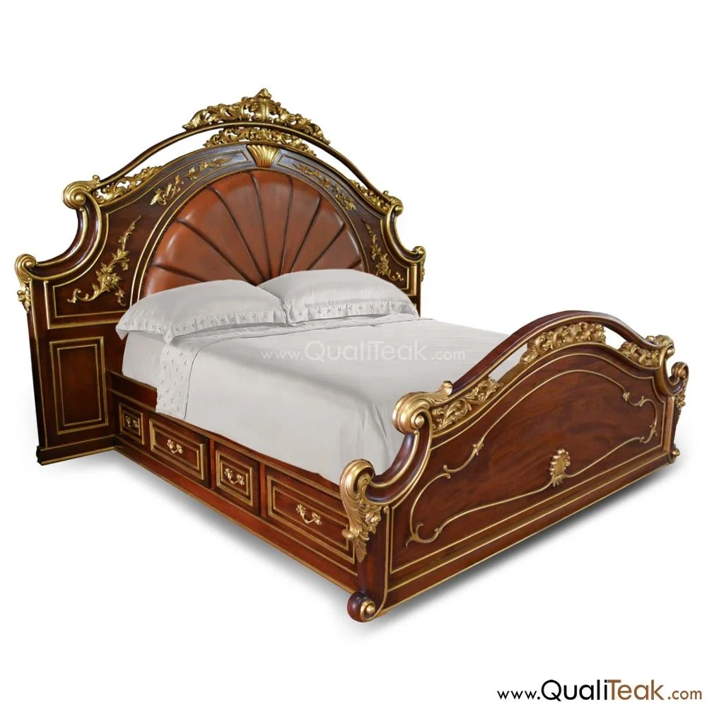 Leather Upholstered Antique Carved Mahogany Bed