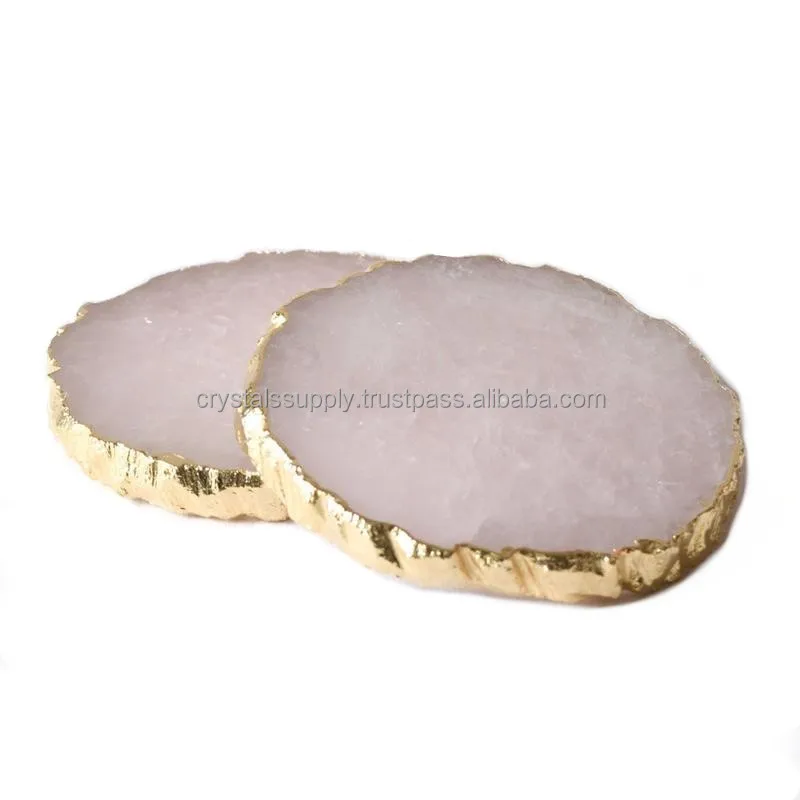 Natural Rose Quartz Coaster With Gold Trim Rose Quartz Coasters Round Edge Agate Coaster : Decoration Table Pad & Mads