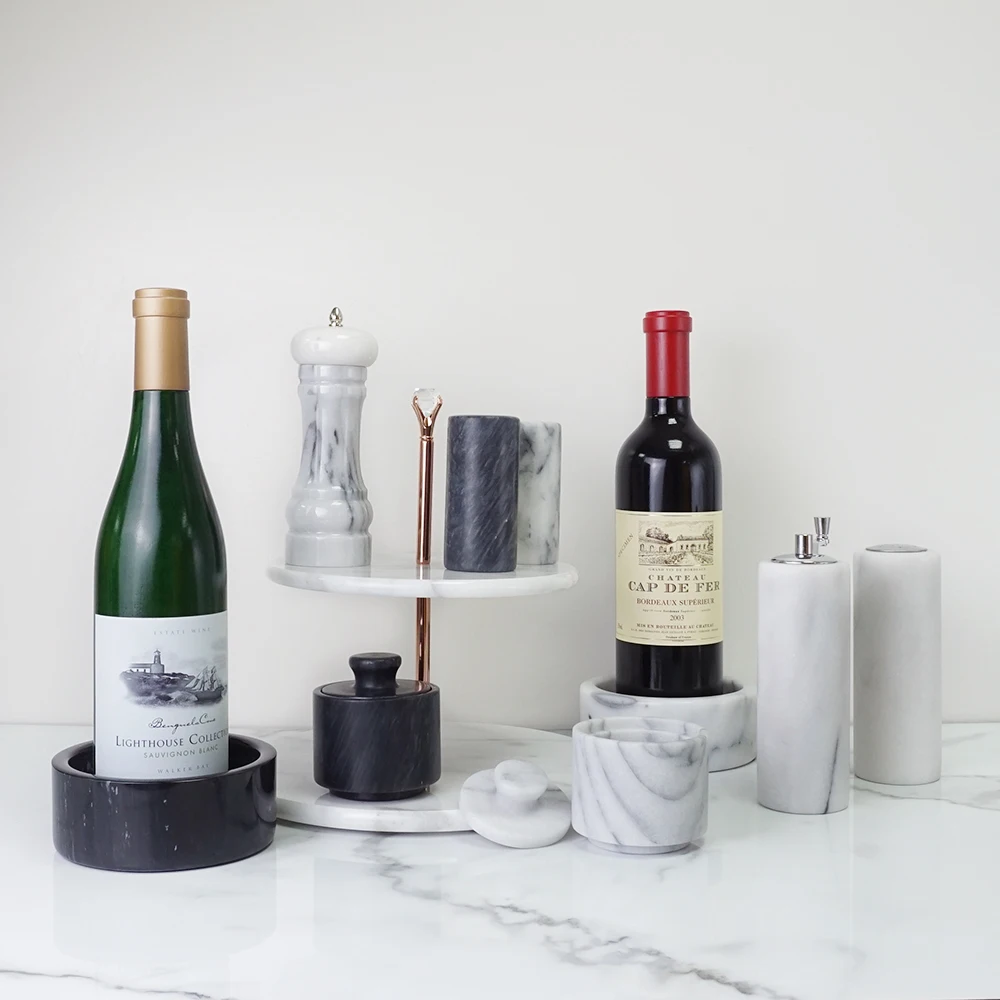 HNA Taiwan Made White Marble Classic Design Manual Salt and Pepper Mill